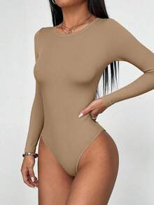 Women Spring Bodysuits For Long Sleeve Shirts Fitted Basic Ribbed Layering Bodys Tops Fall Fashion Winter Clothes Khaki Vacation Rompers Outfits For Women - Khaki - View 4