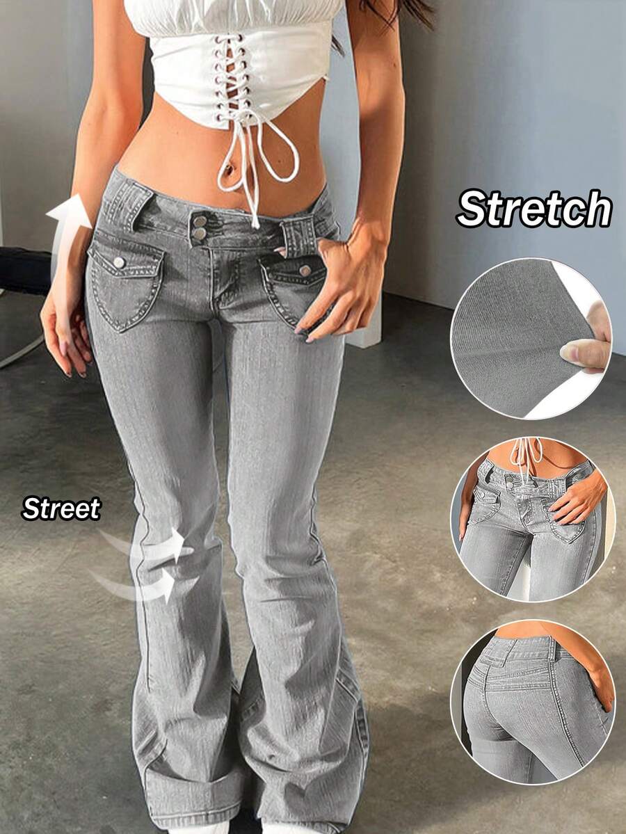 Quần jeans ống loe cạp thấp màu xám co giãn kiểu Y2K dành cho nữ, kiểu dáng gợi cảm cổ điển thanh lịch, phong cách đường phố, quần ống loe thoải mái cho kỳ nghỉ hè 2026, quần thường ngày mùa xuân. - Xám - Xem 1