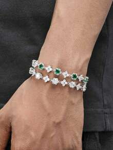 1pc Fashionable White Gold Four-Leaf Clover Colorful Men's Copper Zirconia Silver Bracelet Jewelry, Hip-Hop Punk Men's Patchwork Bracelet, Suitable For Men's Daily Wear - Bracelet - View 3
