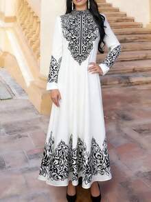 New Style Black & White Patterned Stand Collar Zip-Up Long Dress, Stand Collar Design Flatters Neckline, Loose Silhouette Suits Various Body Types, Comfortable And Stylish, Suitable For Casual Wear, Cultural Experience, Vacation, Party, And Versatile Styling Spring Elegant - Black and White - View 3