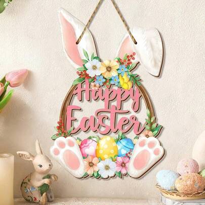 1pc Easter Bunny Door Sign, Happy Easter Wooden Hanging Decorations, Easter Eggs Hanging Plaque Bunny Rabbit Sign Wall Hanger Floral Spring Decor For Front Door Porch Yard Wall Home Decorations