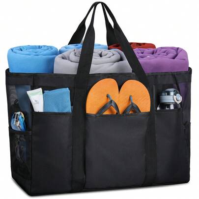 NEWHEY Handheld Tote Bag, Mesh Tote Bag, Beach Bag Family Style With Zipper, Unisex Large Mesh Beach Shopping Bag, Foldable Shoulder Bag, Swimming Bag, Beach Travel Toy Storage, Gym Use, Black