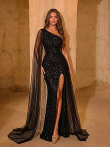 ADYCE Women's Long Slit Shoulder Formal Dress, Suitable For Balls, Parties, Banquets, Galas, Elegant Sequin Embellished, Can Be Worn As Wedding Guest Dress, New Year Dress, Etc. Spring Black Party - 黑色 - 查看 5