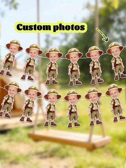 7/14/21 piezas Pancarta personalizada de bebé explorador con foto, Guirnalda personalizada con cara y atuendo de niño, Pancarta de fiesta con tema de camping, Pancarta con diseño de explorador de la jungla, Accesorio de fiesta al aire libre, Pancarta de campista, accesorios de fiesta de cumpleaños