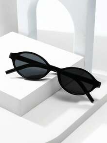 1pc Oval Small Frame High-Quality Minimalist Fashion Glasses For Women, Suitable For Travel, Leisure, Party, Beach, And Daily Wear - Black Frame Black Gray Film - View 4