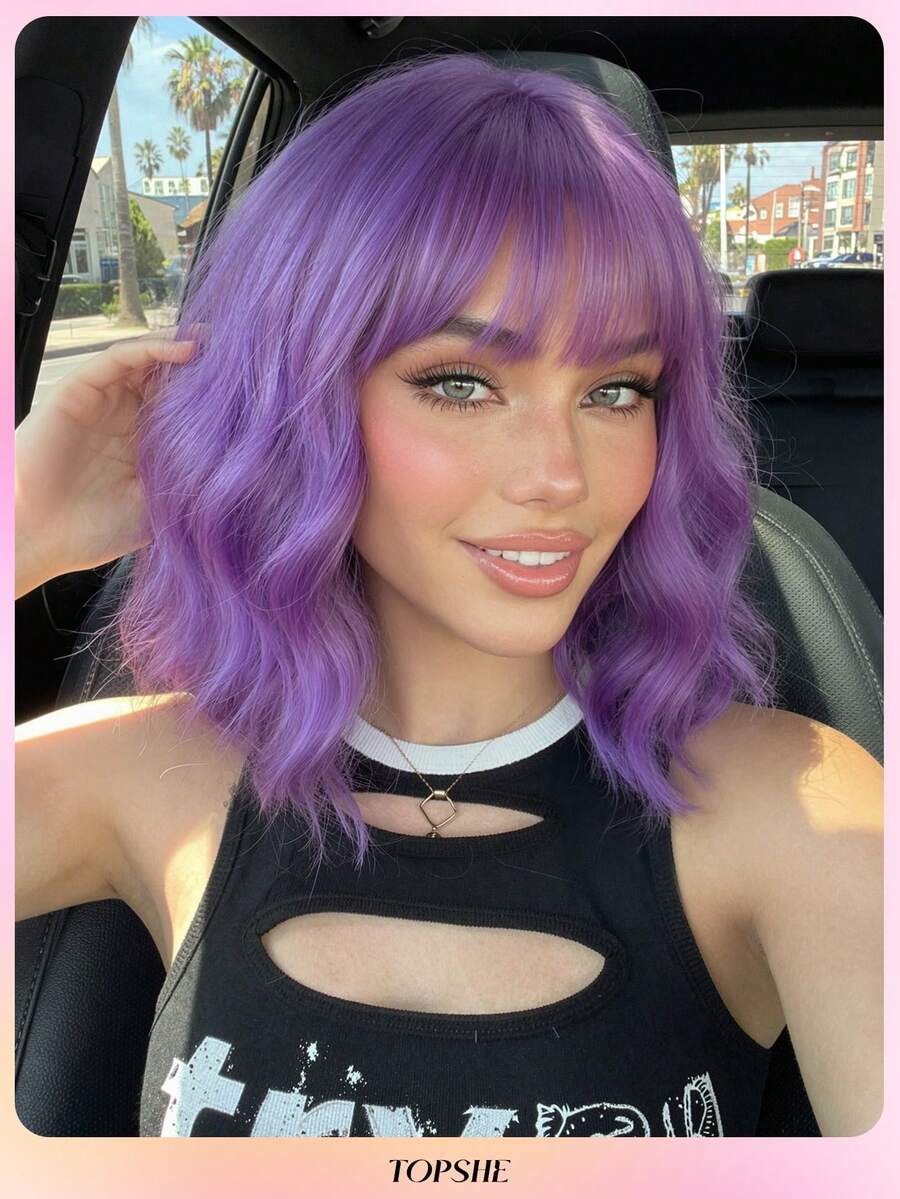 Tóc giả ngắn xoăn màu tím TOPSHE 12 inch có mái, tóc giả tổng hợp chịu nhiệt, tóc giả thanh lịch dành cho nữ, tự nhiên và chân thực, phù hợp để sử dụng hàng ngày, Halloween, Giáng sinh, Cosplay, hoàn thiện mờ, Ngày Valentine, quà tặng, trang phục lễ hội.