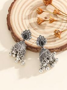 1 Pair Traditional Jhumka Earrings, Elegant & Charming Crystal Embellished Creative Design With Bell, Round Bead & Tassel, Suitable For Women & Girls Daily, Festival, Wedding And Party Wear/Jewelry Gift - Classic - View 4