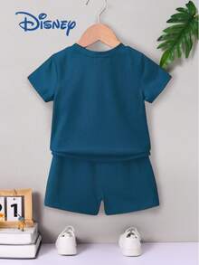 Disney 2pcs Mickey Mouse Summer Baby Boy Casual Shorts Set, Toddler Minimalist "Lucky Mickey" Cartoon Print Short Sleeve T-Shirt With Elastic Waist Matching Solid Color Elastic Shorts, Children Daily Outings Breathable Comfortable Fashionable Sweat-Absorbent Clothing, Great Gift - Blue - View 2