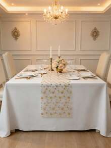 1Pc Gold Foil Star Print Table Runner, Sparkly Star Pattern Table Runner, Metallic Sequined Tulle Tablecloth, Metallic Polyester Fabric, 11 Inches X 108 Inches, Suitable For Holiday, Spring, Wedding Tablecloths, Wedding Decorations, Home Décor, Room Decorations, Party Favors, Bridal Birthday Decorations, Bachelor/Bachelorette Parties, Holiday Decorations, And Holiday Home Gifts. - 彩色 - 查看 2