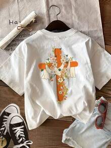 [Double-Sided Print Front And Back] Spring And Summer Fashion Casual Women's Top Fresh Style Cross-Flower Pattern Round Neck Pure Cotton Short Sleeve T-Shirt [Ling] - White - View 2