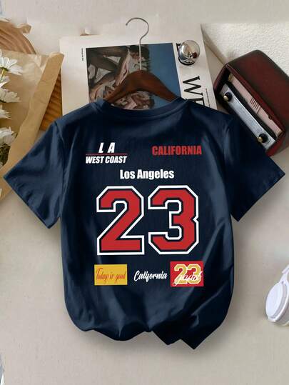 Camiseta de manga corta con cuello redondo y estampado de número 23 y letras "Los Angeles California LA West Coast" para niño, estilo casual y de moda