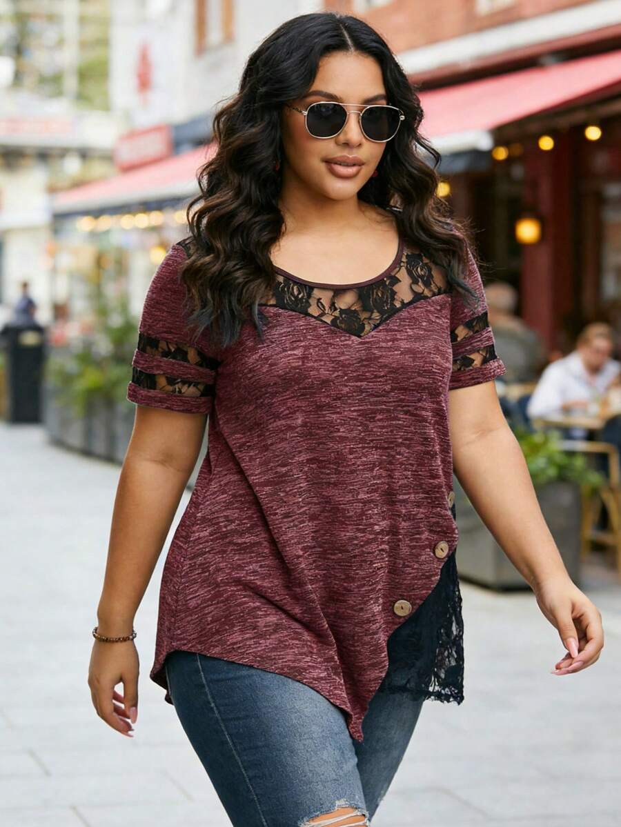 Plus Size Elegant Lace Accent T-Shirt With Asymmetric And Button Details - Burgundy - View 1