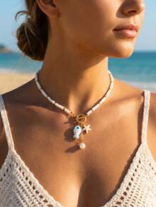 1pc Ceramic Fish & Starfish Tassel Pearl Beaded OT Clasp Necklace - White - View 2