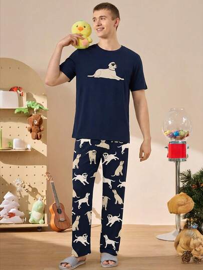 Dog Pattern Men's Pajama Set - Navy Blue Short Sleeve T-Shirt And Pants With Cute Dog Print, Comfortable Casual Design, Lively And Fun, Perfect For Relaxing At Home