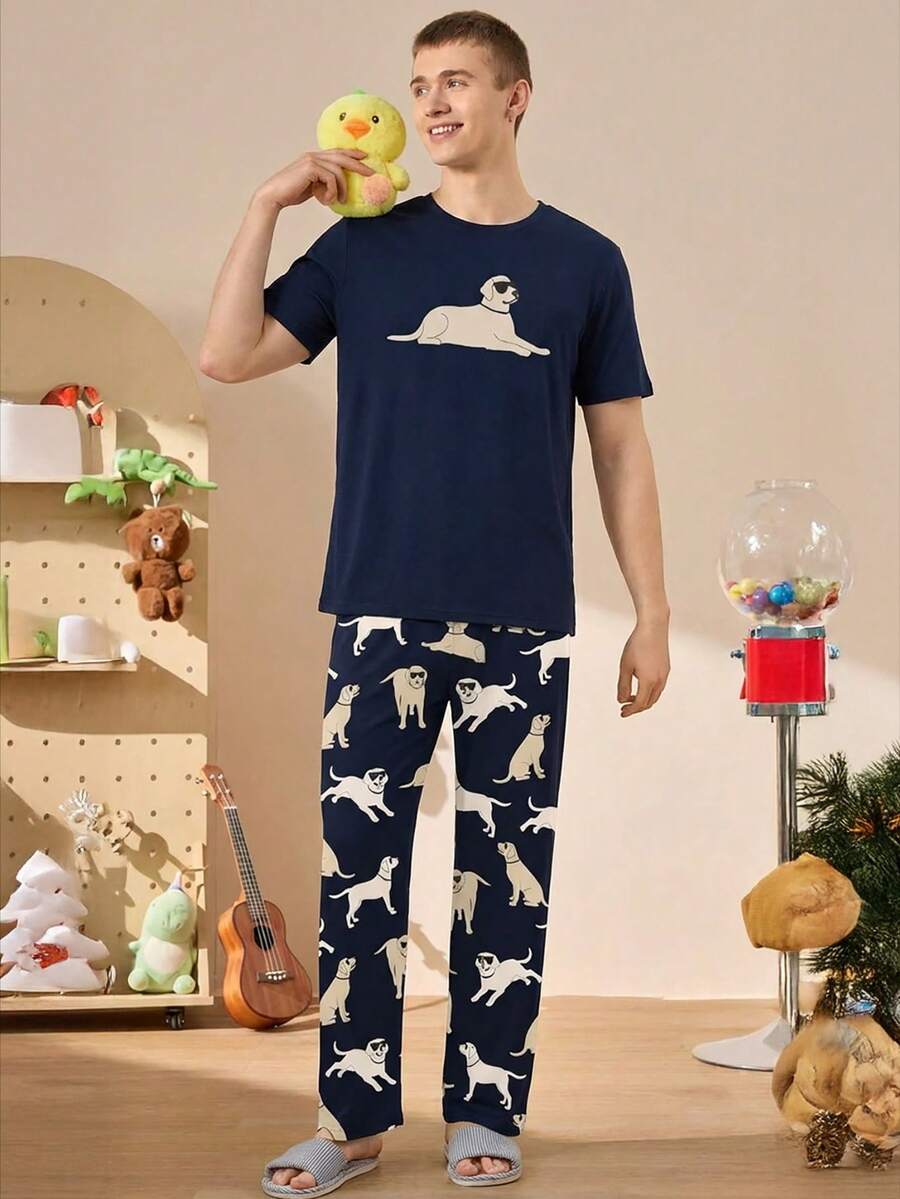 Men's Cute Dog Print Short Sleeve Top And Pants Pajama Set - Navy Blue - View 1