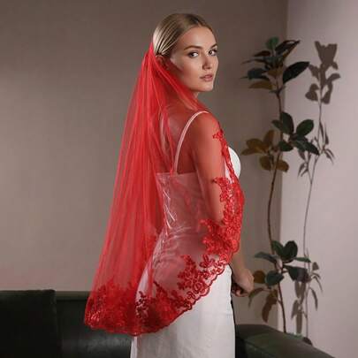 1pc Red Short Bridal Veil With Hair Comb, Fashionable Minimalist Elegant Personalized Bridal Veil Accessory, Lace Fluffy Bow Design Available In Multiple Styles