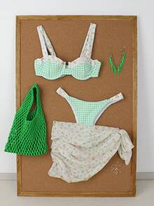 2026 Spring/Summer Women's Fresh Green Plaid Bikini Set, Sexy 3-Piece Swimsuit For Beach Vacation, Fashionable Girl Style - Multicolor - View 2