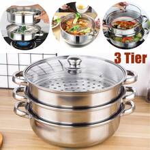 3 Tier Stainless Steel Steamer Cooker Pot Set Pan Cook Food Glass Lids 28cm - Silver - View 9