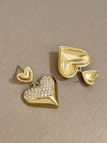 1Pair Elegant Heart Dangle Earrings Rhinestone Minimalist Golden Heart Earrings Stainless Steel Earrings For Christmas Daily Party Mother Valentine Jewelry Gifts - Multicolor - View 5