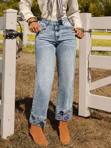 Quần jeans nữ cạp trung màu xanh nhạt kiểu phương Tây thêu hoa - Phong cách thường ngày, thanh lịch, ôm sát, đa năng, phù hợp đi làm. - Rửa nhẹ - Xem 3