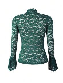 Women's Lace Collar Hollow Long Sleeve Slim Fit Top, Green, Suitable For Summer, Ramadan, St. Patrick's Day - Green - View 9