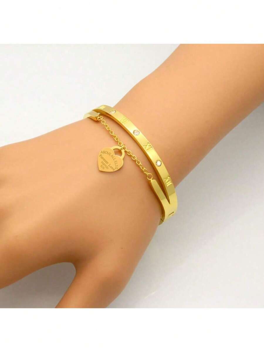 1 pieza Brazalete vintage de lujo minimalista con diseño de amor romano, brazalete de acero de titanio dorado de moda - 7 de oro - Ver 1