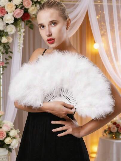 Mwoot Women's Feather Fan, Embroidered Flower Malabou Feather Fan, 1920s Retro Folding Hand-Held Feather Fan, Suitable For Costume, Dance, Wedding, Party, Tea Ceremony