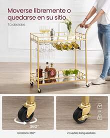 VASAGLE Carro de Bebidas, Carrito de Bar, 38 x 86 x 90 cm, Carro de Servicio con 2 Estantes, para Comedor, Bar, Cocina, Dorado MLRC090A03 - Aire - Ver 8