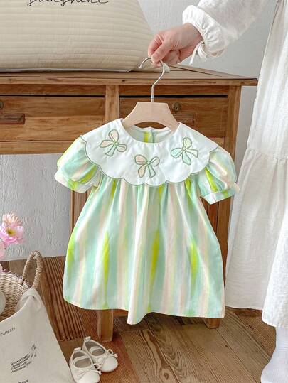 1pc Girls' Green Casual Embroidered Bowknot Colorful Print Dress, Summer