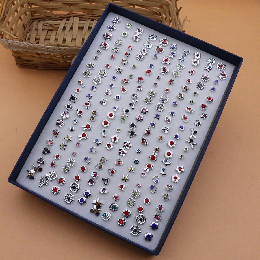 100 pares de juego de aretes de plástico con strass de moda surtidos, de tono plateado versátil, viene con caja - Caja de regalo con diamantes de imitación plateados - Ver 1