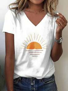2026 Women V Neck T Shirt White Sun And Sea Waves Print Summer Casual Wear - 白色 - 查看 1
