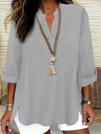 Plus Size Casual Solid Color Button Decor Notch Collar Shirt Spring