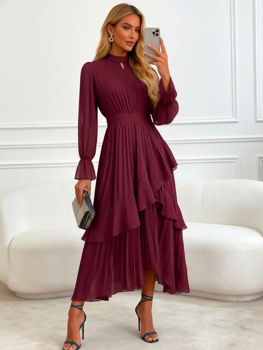 女士纯色优雅荷叶边不对称多层正式晚礼服 - 酒紅色 - 查看 1