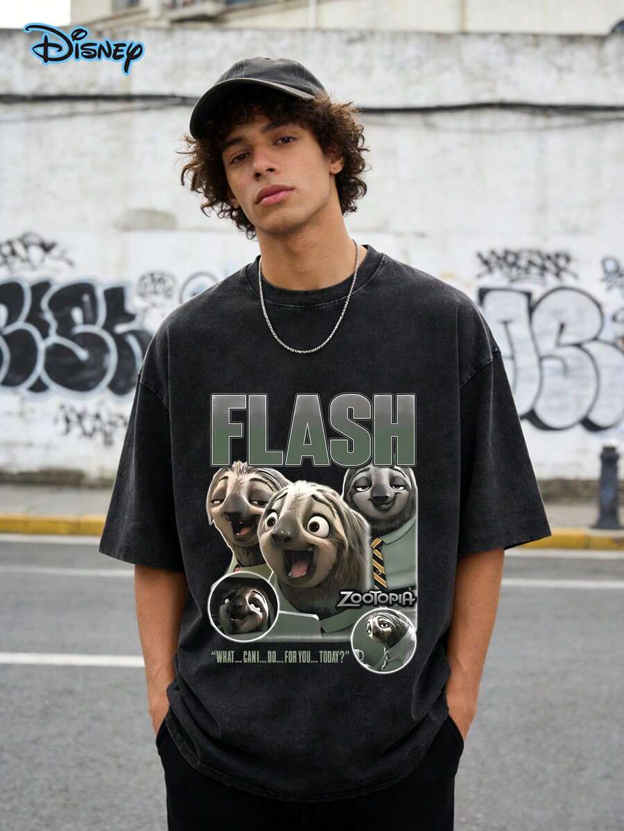 Disney Zootopia "Flash" Graphic T-Shirt,Disney Shirt, Summer Vintage Washed Printed T-Shirt (230g Pure Cotton T-Shirt), Men Clothes,Funny Sloth Zootopia Shirt, Retro Flash Zootopia 2 Gift Tee, Disneyland Trip Disney Shirt,Streetwear,Men's Summer Clothes, Gifts For Men - 黑色 - 查看 1