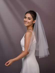 1pc Short Double-Layer Bridal Veil, Simple Chiffon Suitable For Wedding Registration, Daily Photo Shoot, Wedding Headpiece - Cool White - View 2