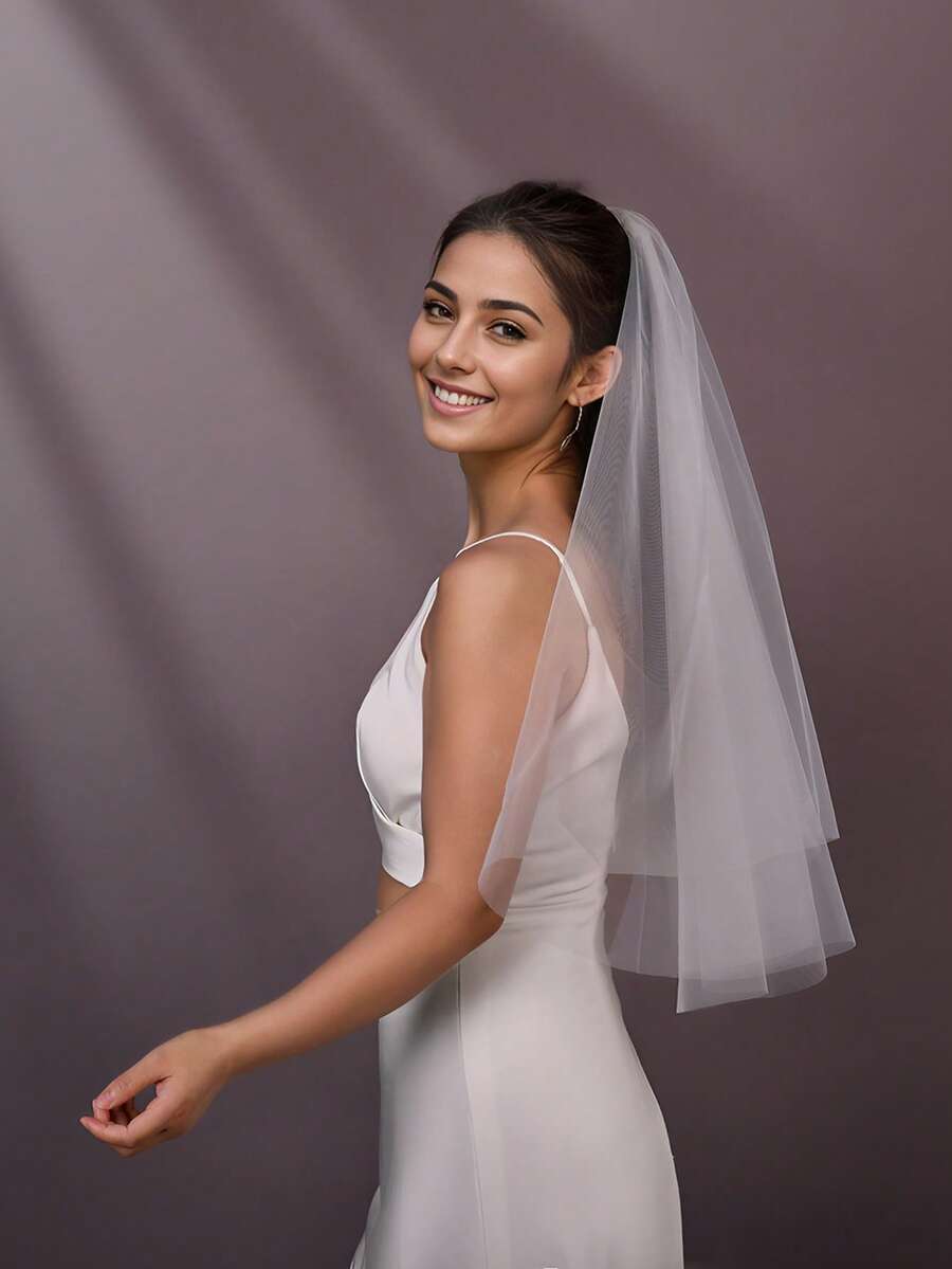 1pc Short Double-Layer Bridal Veil, Simple Chiffon Suitable For Wedding Registration, Daily Photo Shoot, Wedding Headpiece