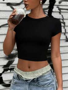 Damen Rundhals Kurzarm Basic T-Shirt, weicher hautfreundlicher Stoff, lässiges Alltags-Streetwear-Oberteil, vielseitig kombinierbar - Schwarz - Übersicht 10