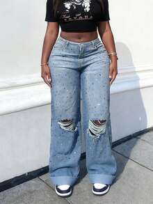 Y2K 水钻装饰宽松直筒破洞牛仔裤，情人节时尚休闲街头风 - 淺色水洗藍 - 查看 2