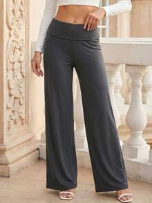 Women's Pants Wide Leg Elastic Waist Fold Over Low Rise Casual Solid Color Trousers - Gris Oscuro - Ver 4