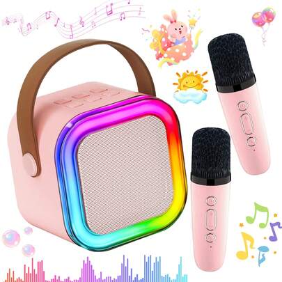 Mini Karaoke Machine, Karaoke Machine For Kids And Adults, Portable Bluetooth Karaoke Speaker With 2 Wireless Microphones And Party Lights, Suitable For Children And Adults, Birthday Gift, Suitable For Girls, Boys, Family Gatherings