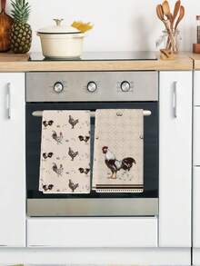 2Pcs Chicken Kitchen Towels - Retro Chicken Lady Pattern, Microfiber Absorbent & Durable, 16x24Inch For Kitchen Decor, Holiday Party Accessories - 米色 - 查看 2