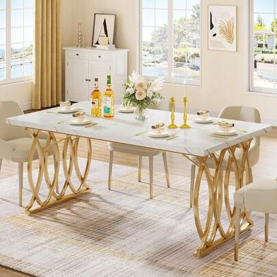 LITTLE TREE 63" Modern Rectangular Dining Table, 4-6 Seater Large Kitchen Table With Faux Marble Top & Geometric Legs, Kitchen Dining Room Furniture