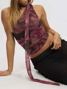 Chaleco de verano para mujer, sin mangas, con cuello halter, de un solo hombro, con estampado floral/de lunares y colores sólidos - Colores mixtos - Ver 7