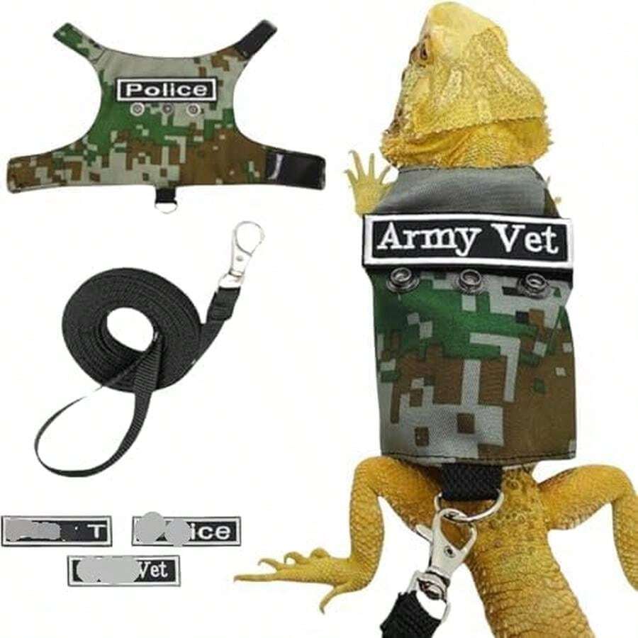 Bearded Dragon Harness Leash Set With Patch Adjustable Lizard Traction Rope Escape Proof Outdoor Walking Reptile Camouflage Costume Accessories For Bearded Dragon Lizard Small Pets (Green) - Brown - View 1