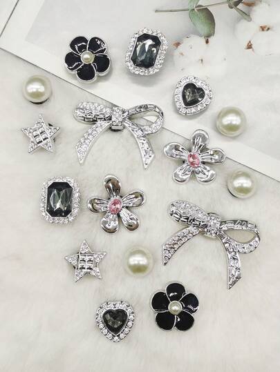16PCS Silvery Luxury Bowtie Flower Resin Shoe Charms DIY Accessories Bling Rhinestone Black Heart Floral Clogs Shoes Buckles Decorations Removable Artificial Faux Beads Star Shoe Clips Decor Women Bubble Slides Slippers Sandals Garden Shoes Beach Bag Ornaments Xmas Halloween Birthday Festival Party Gifts