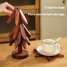 Natural Foldable Walnut Wooden Trivet Set - 4 Trivets + 1 Stand For Hot Dishes, Pot, Bowl, Teapot, Hot Pot Holders,Suitable For Valentine's Day, New Year Or For Keeping Food Warm In Restaurant Settings During Daily Operations. - Walnut - 查看 5