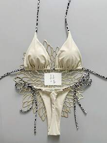 2pcs Casual Cute Elegant Sexy Bohemian Floral Tie-Up Braided Bikini Swimsuit, Beach Vacation, Spring/Summer - Black - View 1