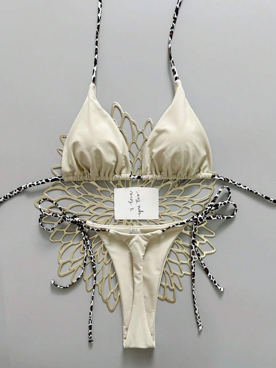 2pcs Casual Cute Elegant Sexy Bohemian Floral Tie-Up Braided Bikini Swimsuit, Beach Vacation, Spring/Summer - Black - View 1