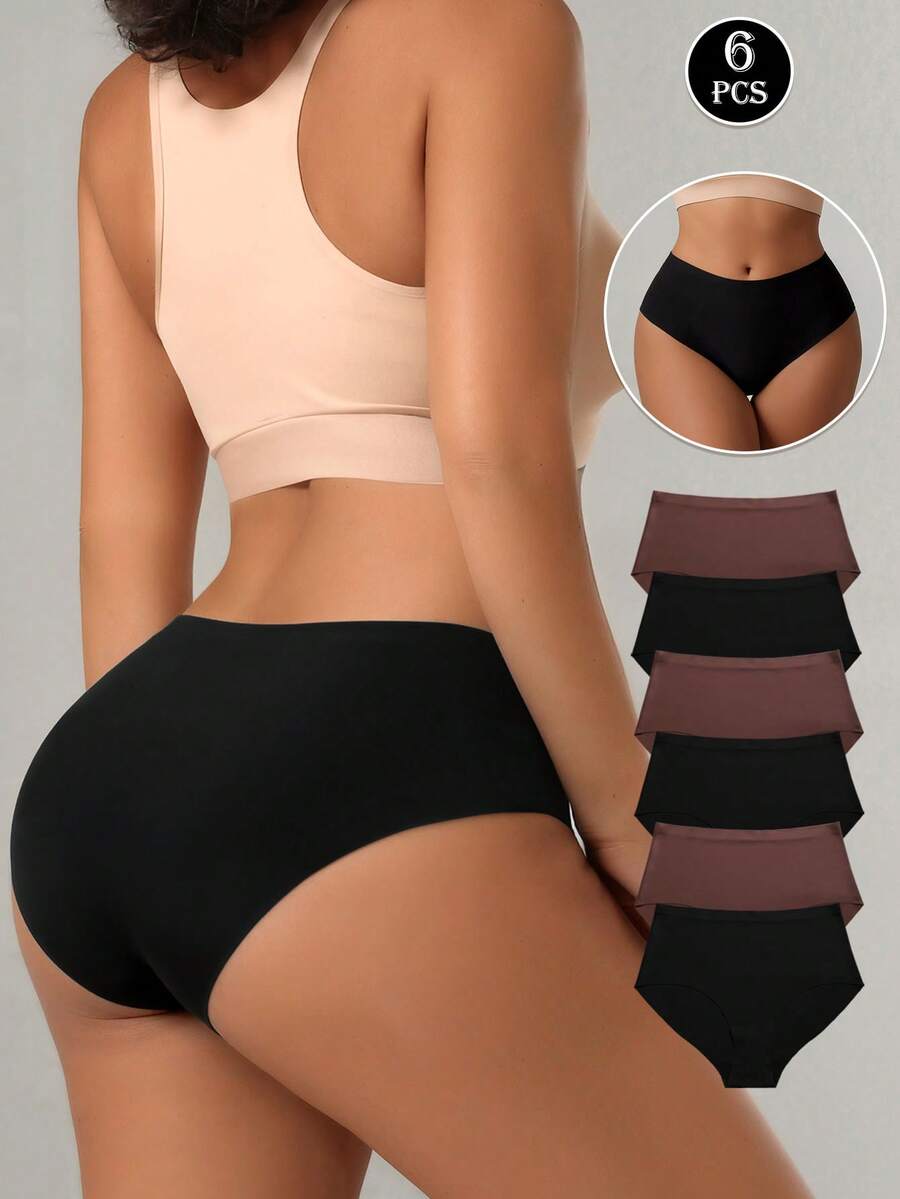 6pcs/Pack Comfortable Seamless Solid Color Panties For Women