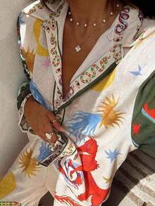 Women's All-Over Print Shirt And Pants Shirt And Elastic Waist Trousers Set Summer Outfits For Women - 多色 - 查看 2